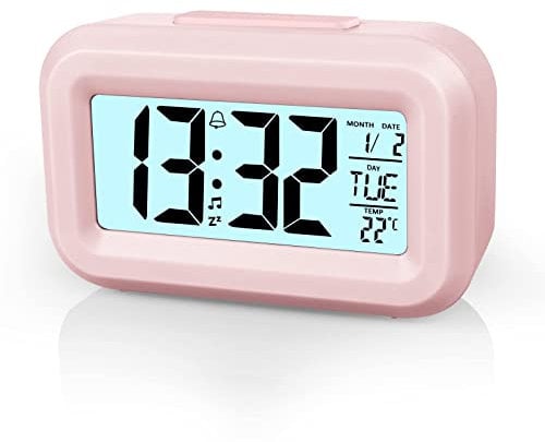 Vicloon Digital Alarm Clock Bedside, LED Display Clocks with Adjustable Snooze 12/24Hr,Temperature, Date,Timer, Light control Portable Alarm clocks for Bedroom Home Office Kitchen(Pink)