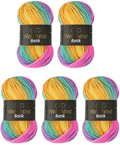 5 x 100g Wollbiene Batik 500 Gramm Wolle mit Farbverlauf mehrfarbig Multicolor Strickwolle Häkelwolle (2080 gelb grau pink)