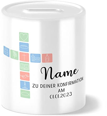 OWLBOOK Konfirmation Kreuz mit Symbolen bunt Spardose personalisiert zur Konfirmation Kommunion Firmung Taufe für Mädchen und Jungs Jungen als Konfirmationsgeschenk Geschenk Geschenkidee