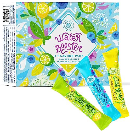 Water Booster 2.5x12g | Acqua Aromatizzata Mix con 3 gusti: lime-limone, fiori di sambuco, açaí-mirtillo | con Vitamina C | a Basso contenuto Calorico e Senza Zuccheri Aggiunti | Alpha Foods