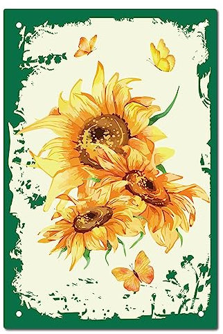 CREATCABIN Sonnenblume Schmetterling Blechschild Vintage-Metallschilder Malerei Retro Sommer Frühling Plakette Poster Wandkunst Für Garten Veranda Badezimmer Küche Café Wand Weihnachten Dekor 20x30cm