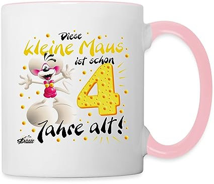 Spreadshirt Diddl Maus 4. Geburtstag Tasse, Weiß/Pink, Keramik, 325 ml, Henkel, Tasse