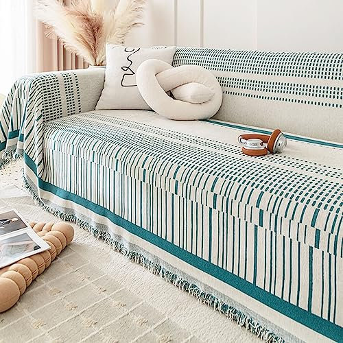 Homxi Sofa Überwurfdecke 3 Sitzer,180x300CM,Couchbezug Linie Gestreift Sofaüberwurf Decke Chenille Sofa Handtuch Blau Sofabezug