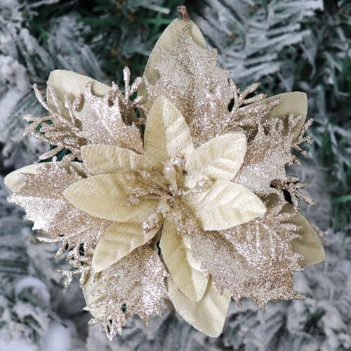 Vitalili Künstliche Weihnachtssterne mit Clips und Stielen, Glitzer, Weihnachtsstern, Dekorationen für Weihnachtsbaum, Winter, Party, Kranz, Dekoration (Champagner), 16 Stück