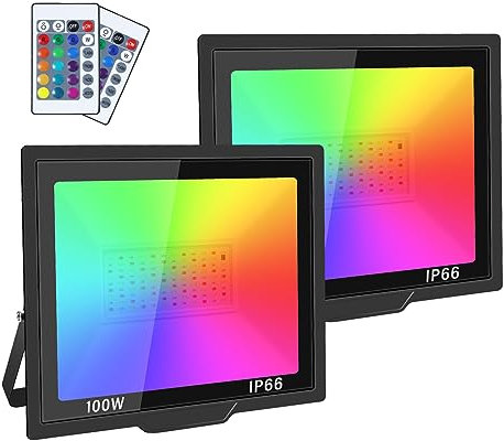 RIGIDON 2 Pack RGB Strahler 100W 10000LM RGB LED Strahler mit Fernbedienung 16 Farben 4 Modi IP66 Wasserdicht RGBW Farbwechsel Flutlicht Outdoor Für Party Garten Baum Landschaft Disco Feiern