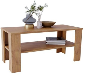 CraftPAK Couchtisch aus hochwertigem Holz, Stabiler & moderner Wohnzimmertisch mit zusätzlicher Ablagefläche, Farbe Retro Braun