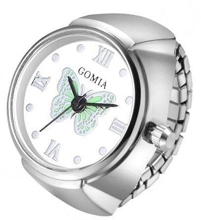 JewelryWe Ringuhr Fingeruhr Elastisch Schmetterling - Damen Analog Quarz Fingerringuhr Ring Uhr Uhrenring mit Grün Schmetterling Römischen Ziffern Zifferblatt und Silber Legierung Elastisch Band
