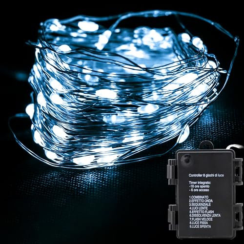 OXYN Luci Micro LED 8 Effetti Luce Natale Alimentazione Batterie Non Incluse Uso Esterno Lampada Casa Albero Decorazioni Natalizie Stringa Striscia Ghirlanda Catena Portatili (80 Led Bianco Freddo)