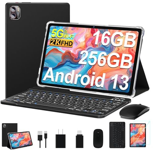 MEBERRY Tablette Android Écran 2K Tablette 16 Go RAM+256 Go ROM (TF 1To), Tablette Tactile avec Processeur Octa-Core 2.0 GHz, 5G WiFi丨5+13MP丨8600mAh丨Certifié GMS丨2 en 1 Tablette - Noir