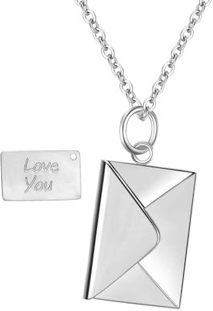 Flongo Liebesbrief Halskette Umschlag Kette: Paar Liebe Brief Anhänger Liebeskette silber Edelstahl I love You letter necklace Ich liebe dich Geschenk für Frauen Damen Herren Mädchen Valentinstag