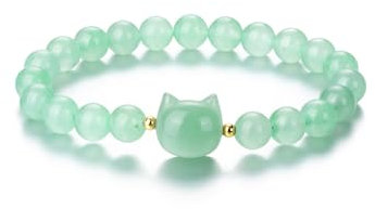 CrystalTears Green Aventurine Crystal Cat Bracelet for Women Men 8mm Crystal Stone Bead Bracelets Protection Healing Gemstones Stretch Cat Bracelet Jewellery Gifts for Women Girls