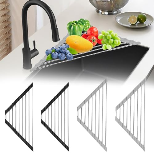 Fyeme 4 Stück Dreieckiges Abtropfgestell Edelstahl Abtropfgestell Geschirr Dish Drying Rack Over Sink Faltbar Anti-Rutsch Abtropfgitter für Tassen Obst Gemüse