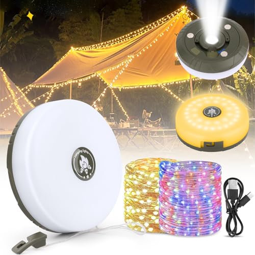 Camping Lichterkette, Aufrollbar Campinglampe mit 10m Led Lichterkette, Wasserdichte Tragbare Verstaubare Lichterkette, USB Wiederaufladbareled Außenlichterketten, Led Camping Licht Außen für Outdoor