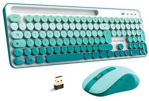 AD Advance PEP'S, juego de teclado y ratón inalámbrico, teclas redondas y clics ultra silenciosos, conexión inalámbrica de 2,4 GHz, diseño de máquina de escribir, teclado digital, soporte para