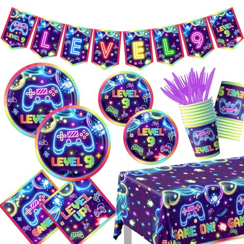 142pcs 9th Video Game Birthday Decorations for Boys 9th Gaming Birthday Party Supplies Tableware 9th Video Game On Plates Napkins Banner Tablecloth Cups 9 Year Old Gamer Party Supplies