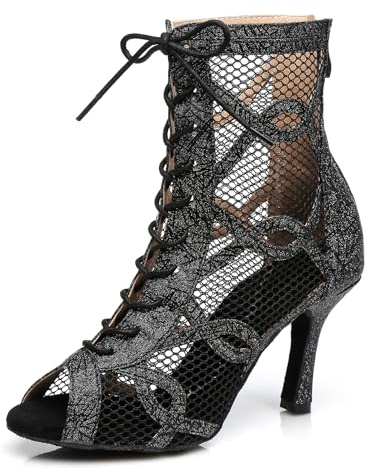 MINITOO Sexy Dance Heels for Women Elegant Open Toe Formal Party Evening Ankle Booties L464 Black 8.5cm Heel UK 5.5