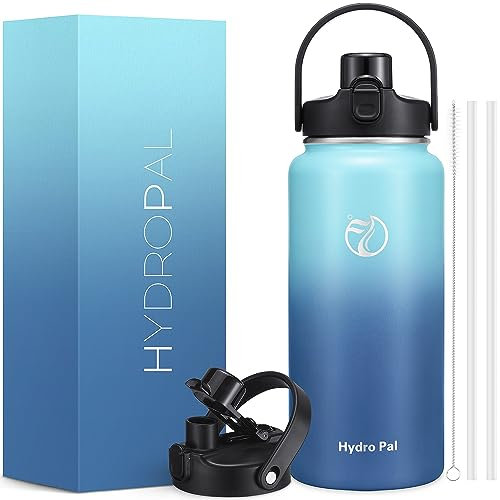 HydroPal Trinkflasche Edelstahl - 1200ml/1900ml mit Strohhalm und Henkel, BPA-Frei, Kohlensäure geeignet, flasche Metall, Aesthetic trinkflasche für Fitnessstudio (hellblau/dunkelblau, 1900ml)