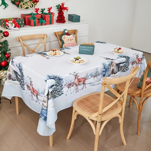 Weihnachtstischdecke, Tischdecke Weihnachten, Weihnachtsdeko Tisch Saisonnal Winter Tischdecke Küche Weihnachtsdecken für Tisch Dekoration Drinnen Party Dekor Abwaschbar (Elch, 100 * 140cm)