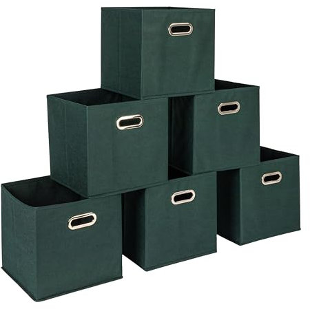 Household Essentials Fabric Storage Cube Bins, 6 Piece Set, Strong Poly-Woven Fabric, Chipboard Sides, Grommet Front Handle, Stackable and Foldable, Classic Design, Dark Green