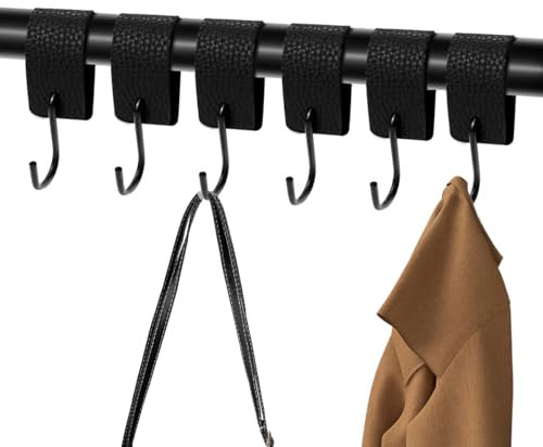 6 Stück S Haken Schwarz mit Lederschlaufe, Haken Zum Einhängen Haken Garderobenhaken Kleiderhaken Metallhaken für Garderobe Kleiderstange Stange Küche Badezimmer
