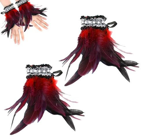 Lufdegim 1 Paar Damen Manschetten Feder Kostüme Gothic Feder Manschetten Hand, Kostüm zubehör Federarmband für Karneval Faschingsball Halloween Maskeraden Cosplay (Rot, Einheitsgröße)