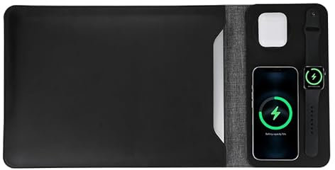 Gyanm 5-in-1 Laptop Sleeve with Wireless Charging for iPad MacBook Pro 12 13 14, Charge Mat for Phone Earbuds iWatch, Executive Office Organizer with Pocket, Waterproof Vegan Leather Case (Black)