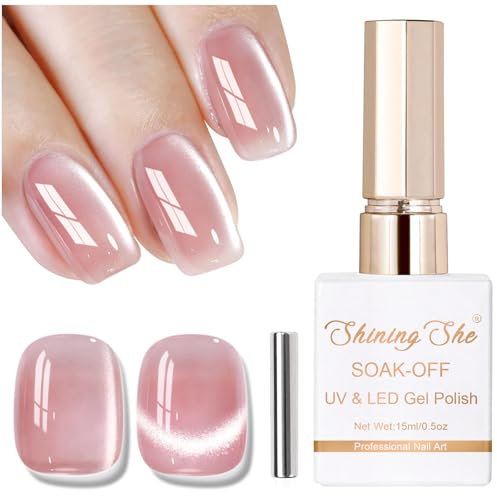 Shining She Vernis Cat Eyes Semi Permanent, 15ml Rose Moonlight Crystal Vernis Semi Permanent MagnéTique, Jelly Pailleté Vernis Cat Eyes avec BâTon MagnéTique Soak Off UV/LED pour Salon DIY Home