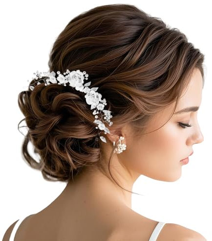 Pearl Piece Leaf Hair Accessories 10.63 Inch Flower Bride Wedding Hair Vine Rhinestone Headband Hair Accessories Jewelry Bead Headpiece for Women - Silver