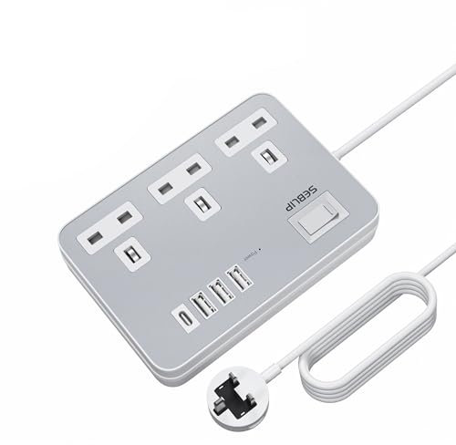 SEBLIP 1.8m White Extension Lead with USB Sockets, Modern Indoor Extension Cord with Power Switch, 3 Sockets and 4 USB Ports (Silvery White, 180cm/71inch)