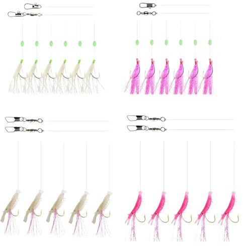 4 Pack Set Mackerel Cod Feathers Sea Fishing Rig 6 Hook size 2/0 Shrimp Jigs Pier Boat Lure Herring Pollock Whiting Pre Tied 10 hooks Flashes Luminous Bead Prawn Shrimp Glow Green Pink Purple Red