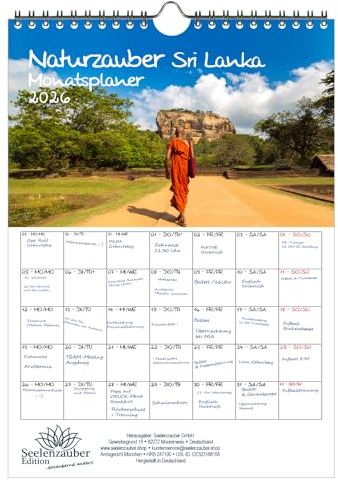 Naturzauber Sri Lanka Planer DIN A4 Kalender für 2026 Landschaft Natur Land Urlaub Strand - Seelenzauber