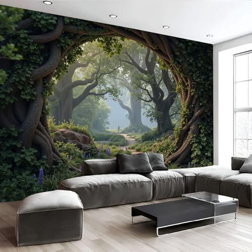 Fototapete Fantasy Wald 3D Effekt Tapete, Ranken Baumstämme Motiv Wandbild Seidenstoff Wandtapete, Wohnzimmer Schlafzimmer Kinderzimmer Wanddeko, Dunkelgrün ‎150x105cm (B×H)
