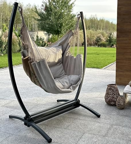 Izabell Hängesessel mit Stahlgestell und Großen Kissen – XXL Schaukelstuhl und Hängematte für Indoor & Outdoor – aus Jutesäcken von Kaffeeröstereien – Coffee Swing (beige 2)