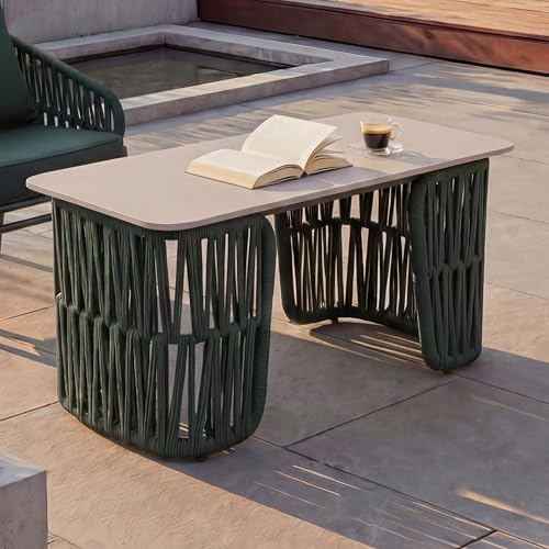Mendler Loungetisch HWC-P90 43x90x45cm - grün, Platte Creme | Gartentisch, Balkontisch, Outdoor, Seilgeflecht, Rope, Sinterstein