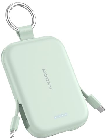 RORRY Caricabatterie portatile, 5000 mAh, caricabatterie portatile con cavi integrati, portachiavi da viaggio per iPhone 17/16/15/14/13/12, verde