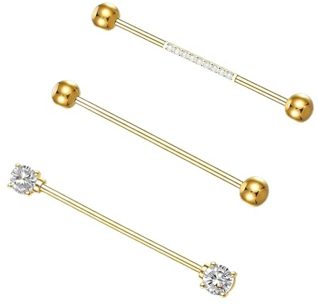 pozuauoa 3 PCS Gold Industrial Piercing Jewellery, 16g Industrial Bar Scaffolding Piercing Bar, Gold Jewellery Scaffold Piercings Jewellerys Cartilage Body Piercings Jewelry for Men Women