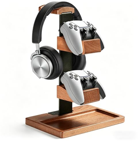 Soporte de madera para mandos y auriculares, soporte de madera para auriculares, organizador de escritorio, accesorios de escritorio universales compatibles con PS5, PS4, Xbox One y Nintendo Switch