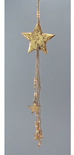 Natur-deko Holz Stern HÄNGER mit 1 x 13 cm Stern und 2 x 4 cm Sternen. Länge ca 65 cm. In Gold -39