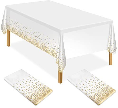 ELECLAND Party-Tischdecke Aus Kunststoff, 137 x 274 cm, Goldfarbene Punkte, Konfetti-Design, Rechteckig für Picknick, Babyparty, Halloween, Weihnachten, 2 Stück