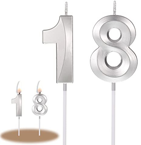 Winkwinky 18. Geburtstag Kerzen Kuchen Silber Zahlen Kerzen 1 und Ziffer Kerzen 8, Geburtstagstorte Kerzen Zahlen Cake Topper Dekoration für Hochzeit Jahrestag Feier Lieferungen (Silber)