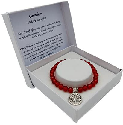 Handgefertigtes Karneol Edelstein Armband mit Anhänger Yggdrasil Lebensbaum in Geschenkbox