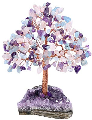 Jovivi Chakra Albero di Cristallo con Base in Geode Ametista Albero dei Soldi Cristalli e Pietre Decorazione Ornamento Albero della Vita Soprammobile Portafortuna - Ametista Quarzo Rosa Acquamarina