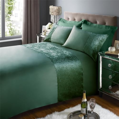 Soft Micro Polyester Bed Set with Crushed Velvet Band Durable Duvet Cover Set Shape-Retaining [Super King, Emerald Green]
