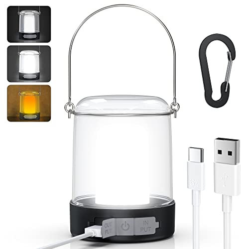 HSYFUNA Lampe Camping,3 Niveaux de Luminosité Réglables Lampe Exterieur Rechargeable, Lampe Camping Rechargeable Avec Crochet Et Câble de Recharge USB C,Lampe Camping USB,Urgence