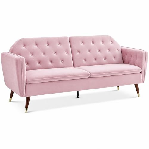 Bravich Victoria 3 Seater Velvet Sofa Bed, Split Back Click Clack Sofa Bed, Each Side Reclines Independently or Folds Flat to a Double Guest Bed, Gold Legs Settee Couch, Rose Pink