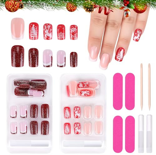 MELLIEX 48 Stück Press on Nails Weihnachten,Vollständige Abdeckung Künstliche Nägel Weihnachten Frauen Fingernägel zum Aufkleben Weihnachten für Frauen Nagelkunst Dekoration