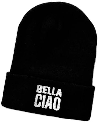 Schnoschi Schwarze Mütze/Strickmütze mit Bella Ciao Spruch Bestickt für Damen, Herren, Jugendliche und Kinder, Beanie Wollmütze Hip Hop Wintermütze Rollmütze Streetwear Unisex OneSize