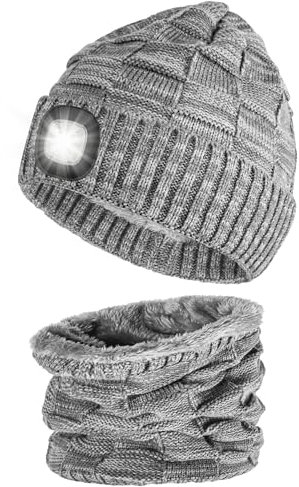 Mütze mit LED Licht Kinder, USB Wiederaufladbare Jungen Beanie Strickmütze mit 4 LED Licht, Wärmer Beleuchtete Wintermütze mit Taschenlampe, Stirnlampe Mütze für Nachtlauf, Camping, Radfahren- Grau