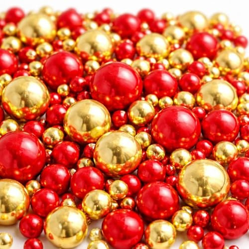 Lozadia 100g Edible Red Gold Sprinkles Of Pearl Sugar Ball Cake Sprinkles, Edible Mother's Day Cake Decorations, Sugar Balls for Cupcake Cakes Sprinkle On Birthday Wedding Party (Gold Red)
