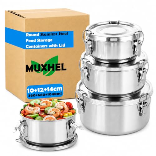 MUXHEL 3PCS Stainless Steel Food Containers with Lids 360+660+1060ml Round Stainless Steel Lunch Box Leak-Proof Metal Lunch Boxes for Adults School Office Travel Food Storage Containers